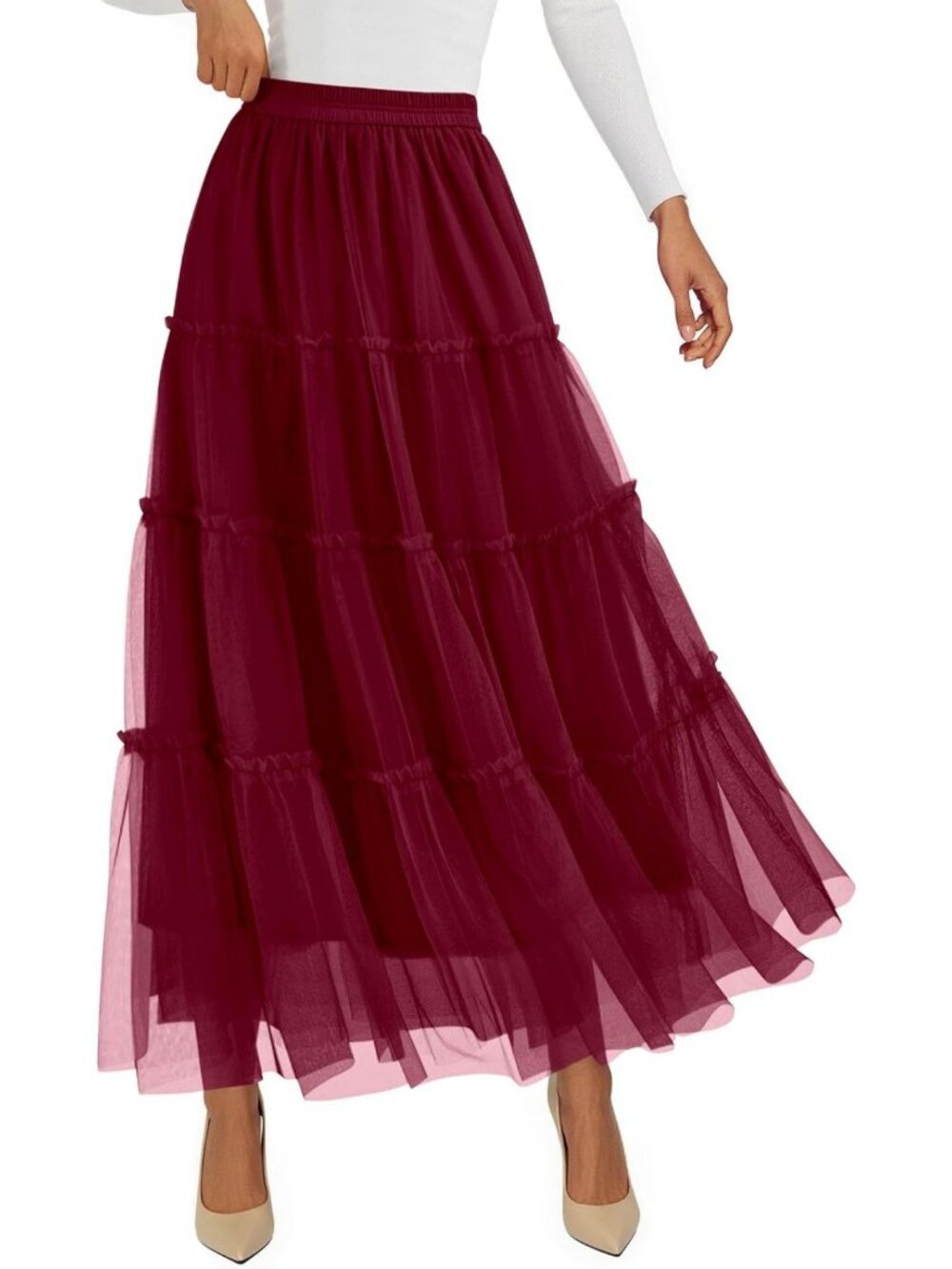 Women's Fall Soft Tulle Tiered Maxi Skirt - Boho Chic, Flowy, Elegant Style